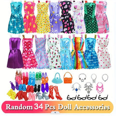 34pcs Doll Clothing Accessories Set - Dresses, Shoes, Necklaces, Crowns, Glasses