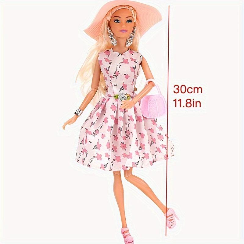 Pink Floral Skirt Set for 30cm Doll with Accessories - Birthday Christmas Gift