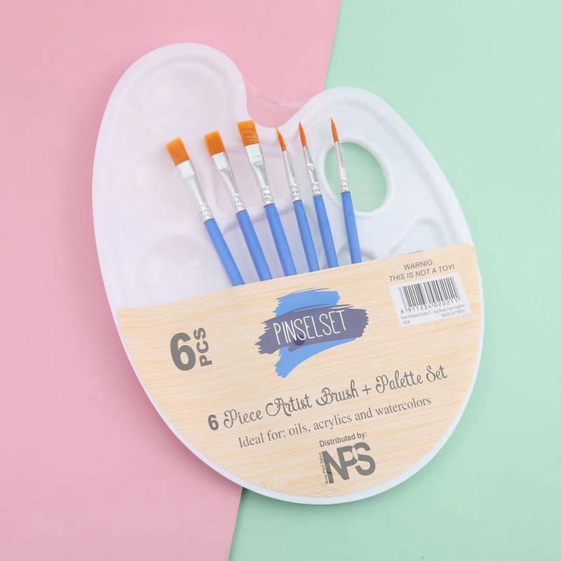 6pcs Paint Brush Palette Set Artist Nylon Round Tip Flat Tip Painting Brush
