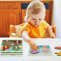 Wooden Toddler Puzzles 4 Pcs Animal Patterns Jigsaw Educational Montessori