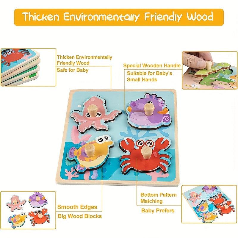 Wooden Toddler Puzzles 4 Pcs Animal Patterns Jigsaw Educational Montessori