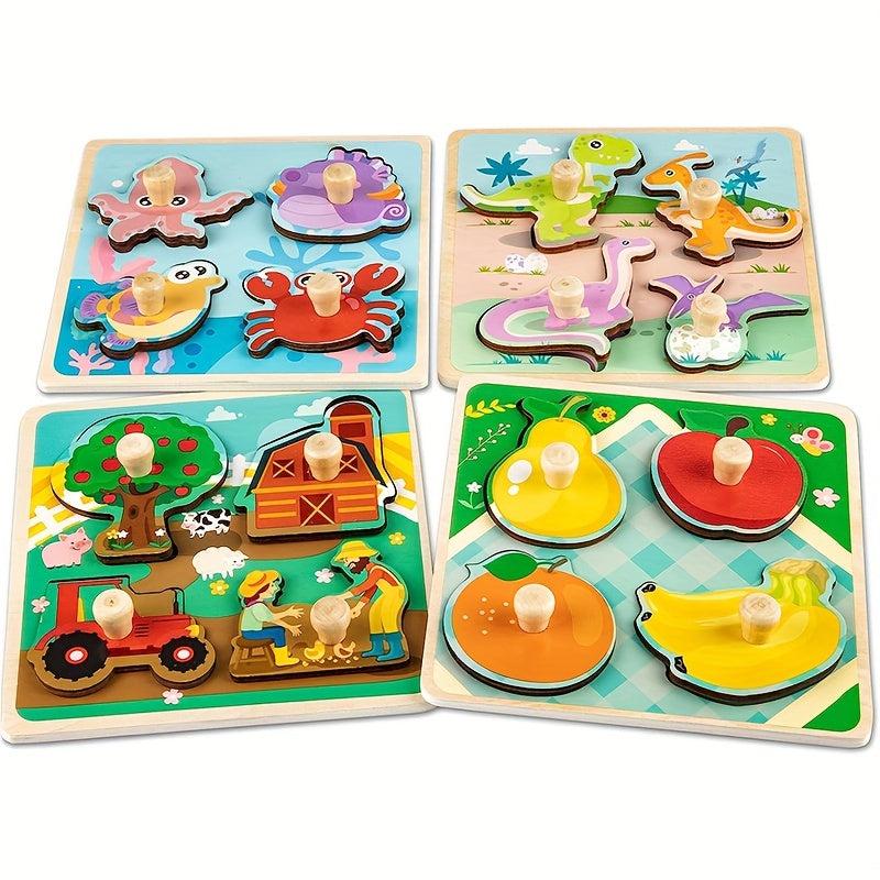 Wooden Toddler Puzzles 4 Pcs Animal Patterns Jigsaw Educational Montessori