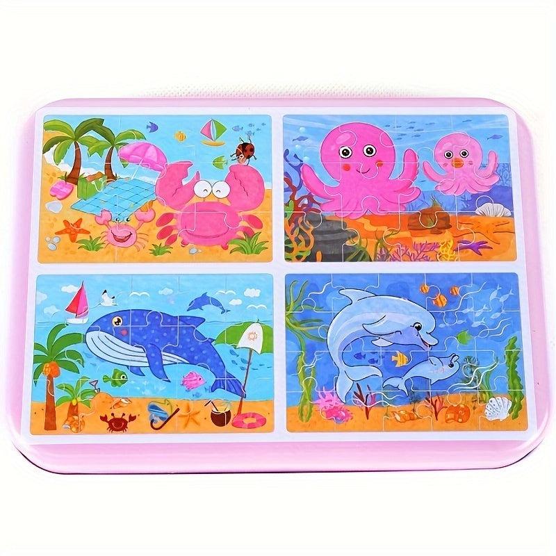 Wooden Children's Puzzle 4 in 1 Iron Box Animal Puzzle Board Toy