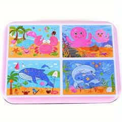Wooden Children's Puzzle 4 in 1 Iron Box Animal Puzzle Board Toy