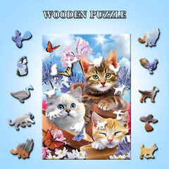 Three Cats Wooden Puzzle High Irregular Shaped Animal Game Christmas Gift