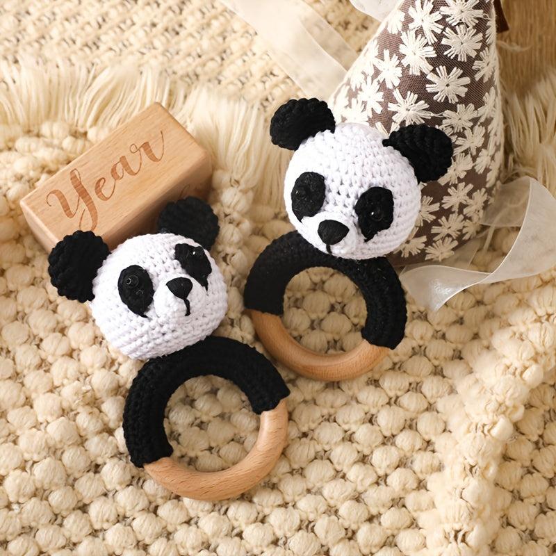 Organic Panda Teething Rattle Crochet Beech Wood for Baby