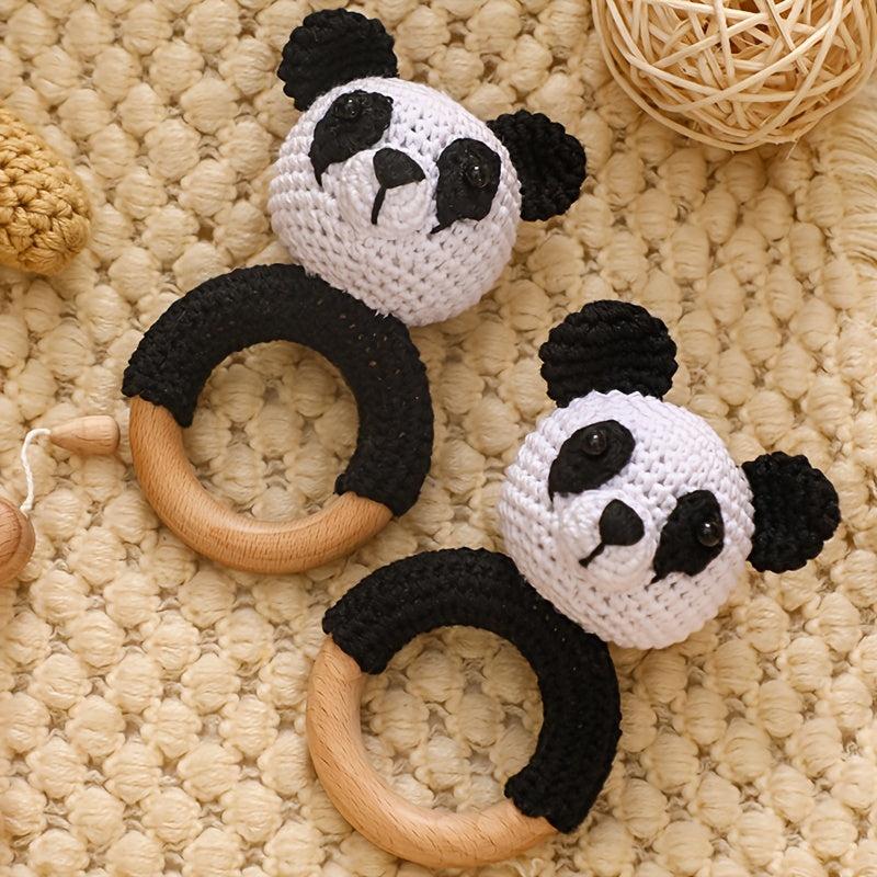 Organic Panda Teething Rattle Crochet Beech Wood for Baby
