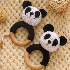 Organic Panda Teething Rattle Crochet Beech Wood for Baby