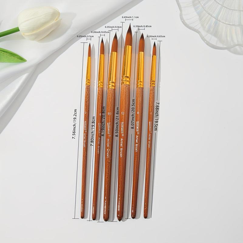 6pcs Brown Handle Round Nylon Brush Set for Painting