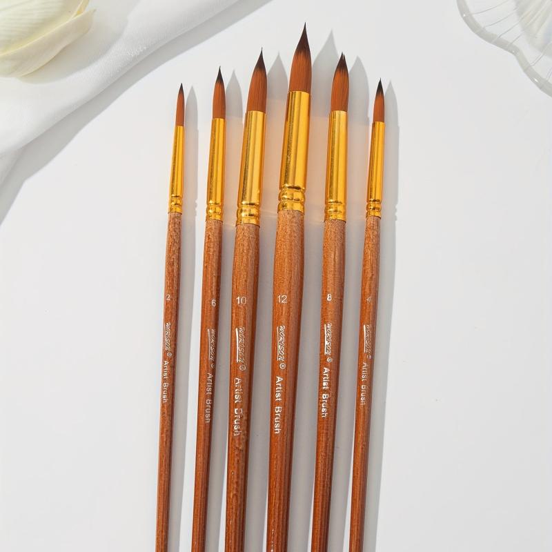 6pcs Brown Handle Round Nylon Brush Set for Painting