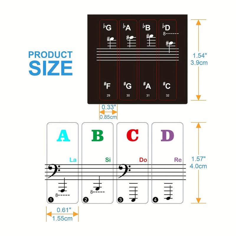 Piano Keyboard Stickers - 88 61 54 49 37 Keys - Large Letter Piano