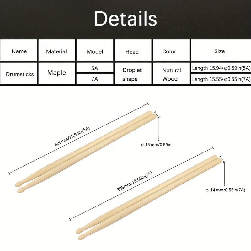 1 Pair 5A 7A Maple Drumsticks Natural Wood For Adults And Beginners