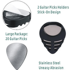 20pcs Stainless Steel Bass Guitar Pick Set with 2 Pick Boxes - 0.3mm Metal