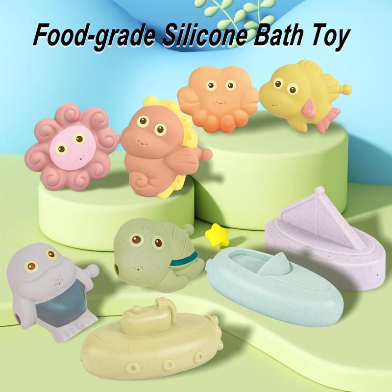 9 Pcs Silicone Baby Bath Toys - Animal & Boat Squeeze Play Set