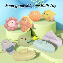 9 Pcs Silicone Baby Bath Toys - Animal & Boat Squeeze Play Set