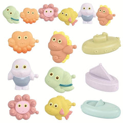 9 Pcs Silicone Baby Bath Toys - Animal & Boat Squeeze Play Set