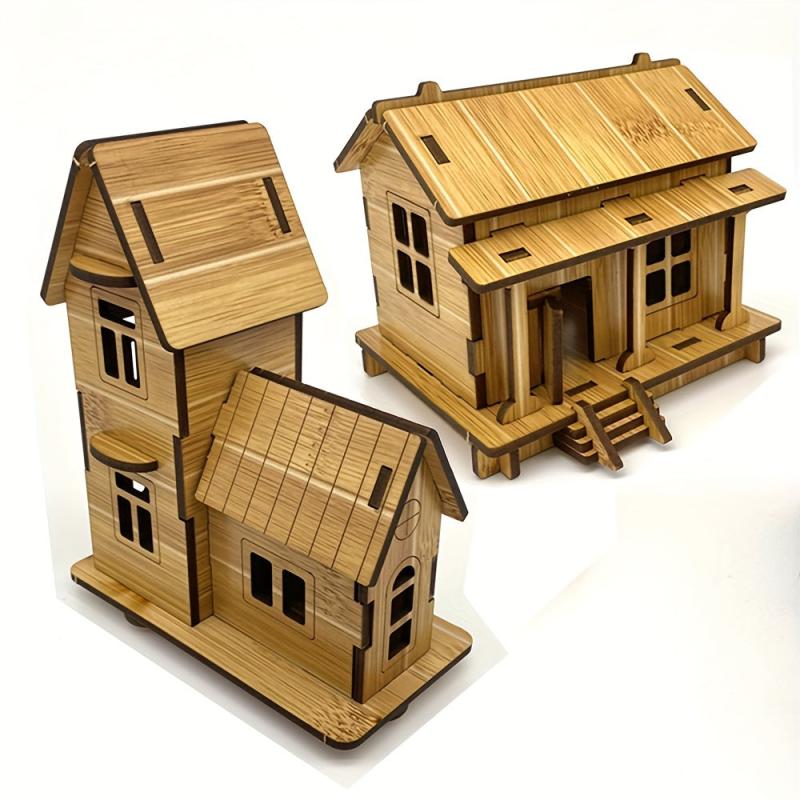 2pcs DIY Wooden House Model 3D Puzzle Craft Kit
