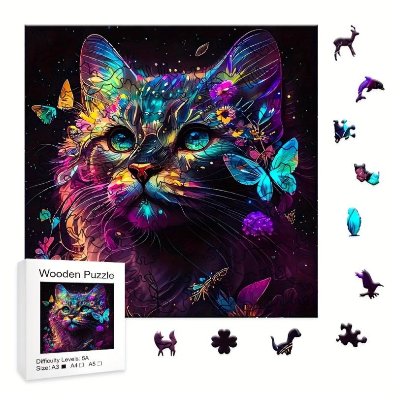 Colorful Cat & Butterfly Puzzle Magic Toy Irregular Shape Wooden Brain Teaser