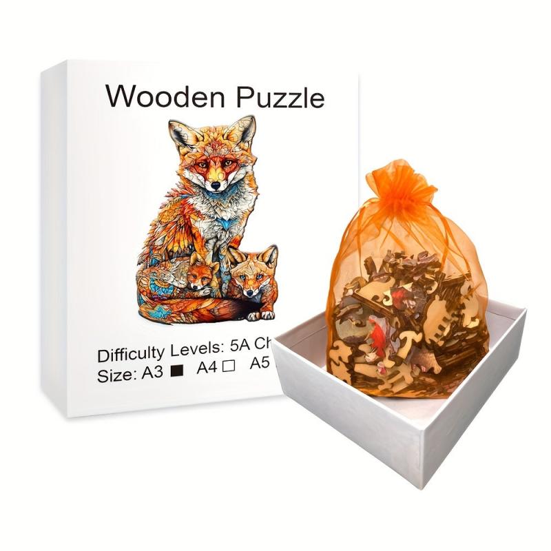 Colorful Fox Family Puzzle Wooden Brain Teaser Gift