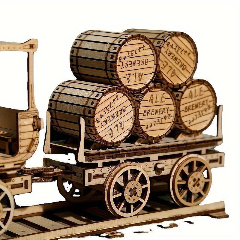 3D Wooden Puzzle DIY Red Wine Transport Vehicle Desktop Decorations