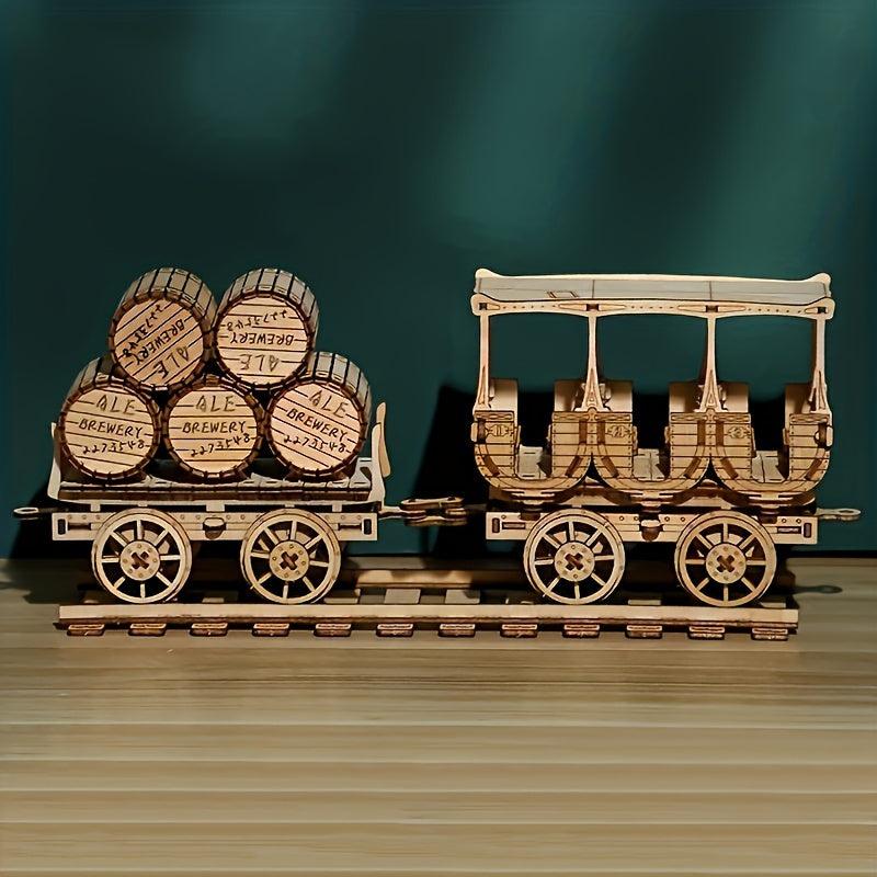 3D Wooden Puzzle DIY Red Wine Transport Vehicle Desktop Decorations