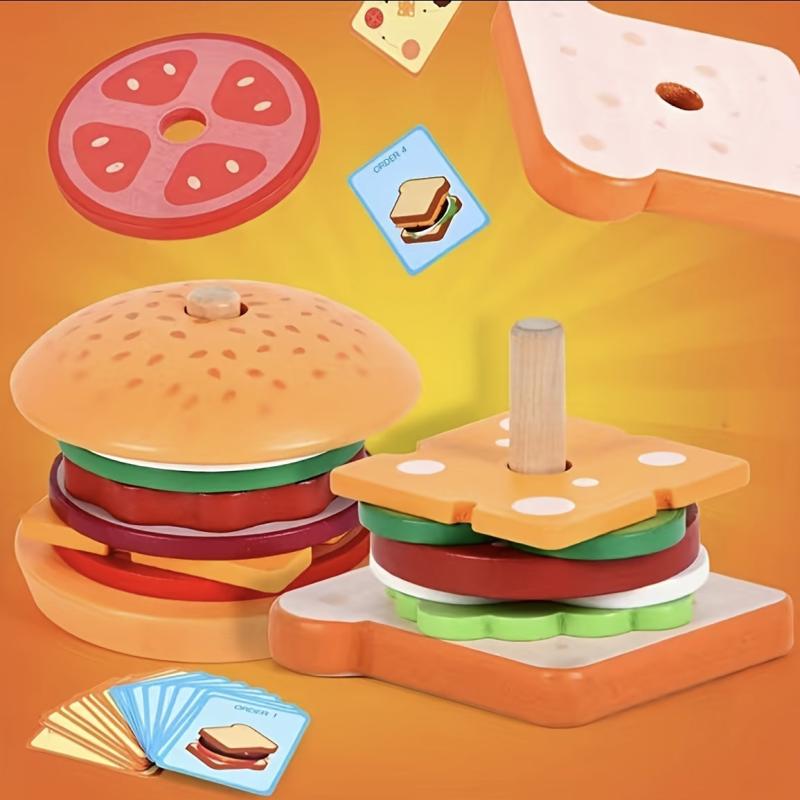 Wooden Play House Food Assembly Toy Set - Hamburger, Fries, Sandwich