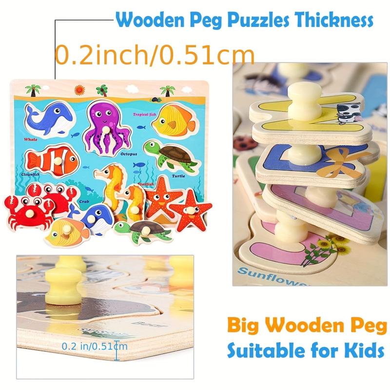 Wooden Toddler Puzzles Set - Traffic, Animals, Ocean - Educational Toy