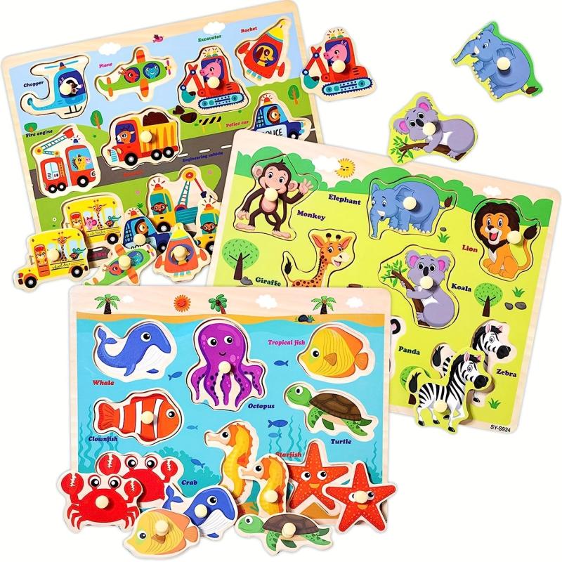 Wooden Toddler Puzzles Set - Traffic, Animals, Ocean - Educational Toy