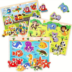 Wooden Toddler Puzzles Set - Traffic, Animals, Ocean - Educational Toy