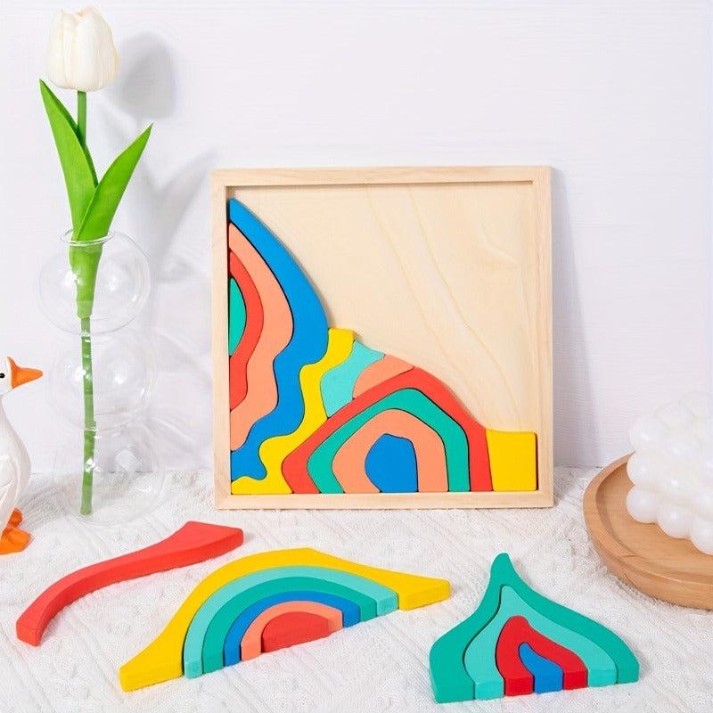 Wooden Rainbow Puzzle Building Blocks Four Elements Fun Toys