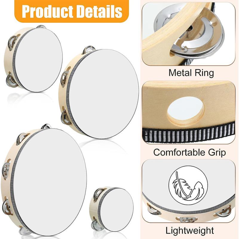 Adult Hand Held Wood Tambourine 4 Sizes Single Row Metal Jingles