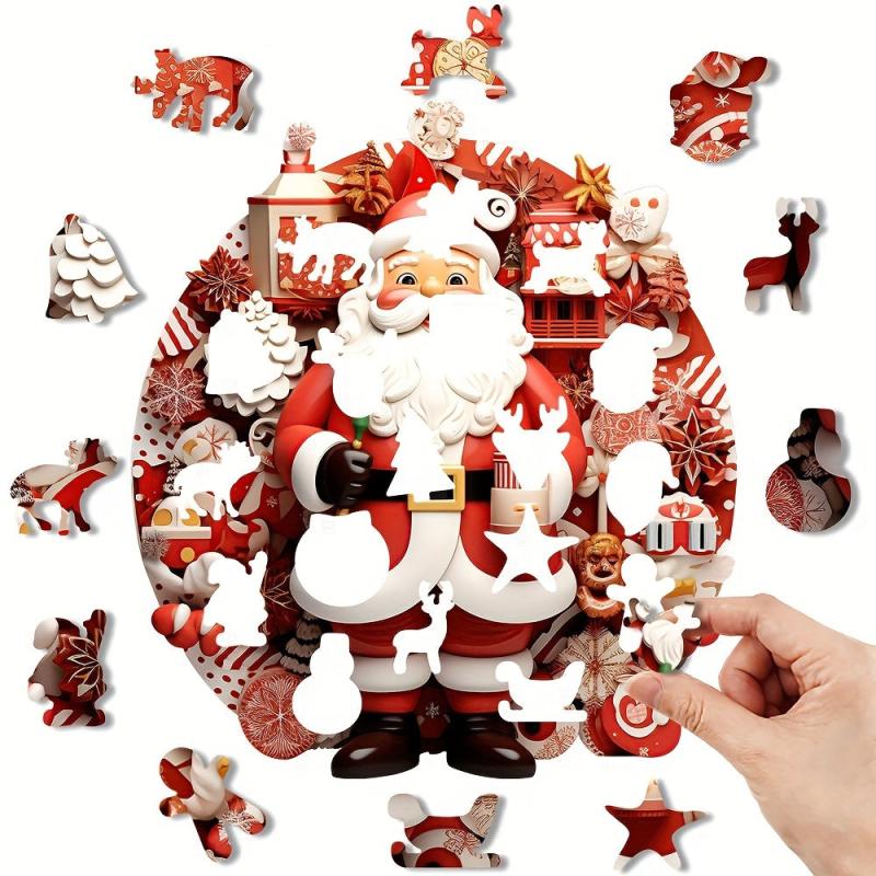Santa Wooden Puzzle Art Christmas Theme Shaped Pieces Jigsaw Puzzles Toys