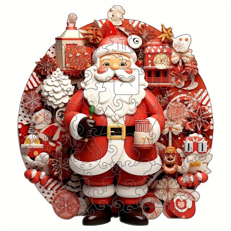 Santa Wooden Puzzle Art Christmas Theme Shaped Pieces Jigsaw Puzzles Toys