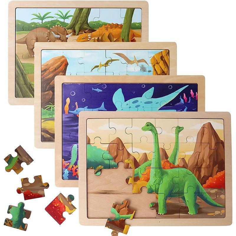 24 Pc Wooden Dinosaur Puzzles Educational Brain Teaser Montessori Toys