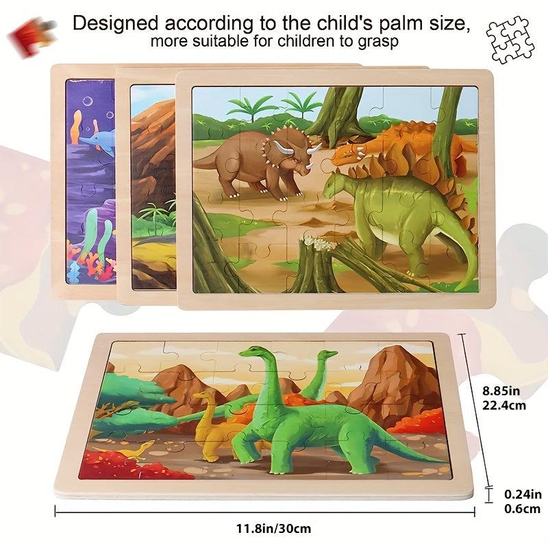 24 Pc Wooden Dinosaur Puzzles Educational Brain Teaser Montessori Toys