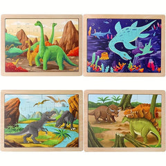 24 Pc Wooden Dinosaur Puzzles Educational Brain Teaser Montessori Toys