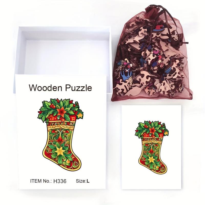 Wooden Puzzle Christmas Boots Unique Gift Adult Stress Relief Family Interactive