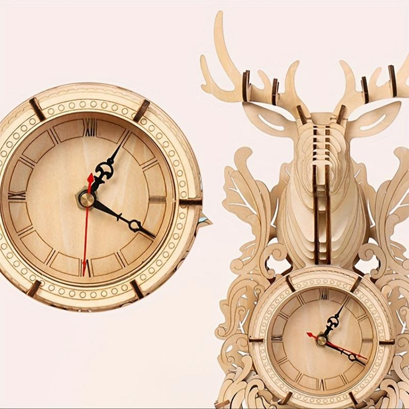 3D Wooden Puzzle Elk Desk Clock Model Kit for Adults