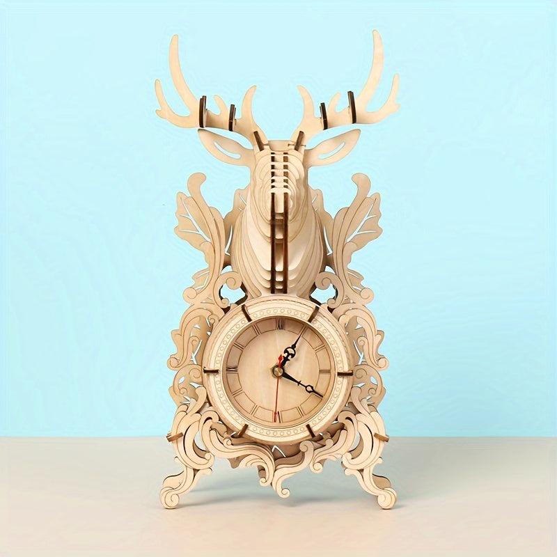 3D Wooden Puzzle Elk Desk Clock Model Kit for Adults