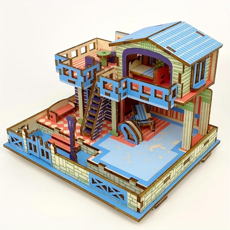 Wooden 3D Puzzle Seaside Villa Model DIY Kit Brain Teaser