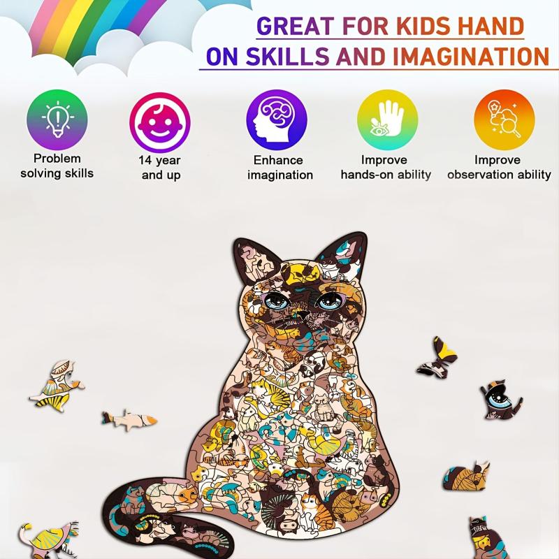 Unique Cat Wooden Jigsaw Puzzle Fun Game Christmas Gift