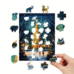 3D Wooden Puzzle Model Assembly Snowy Christmas Tree Pattern