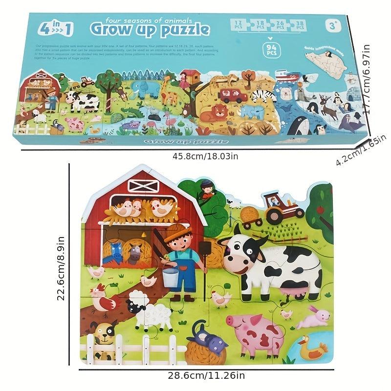 Montessori 4-in-1 Growth Puzzle Princess Dinosaur Animal Transportation