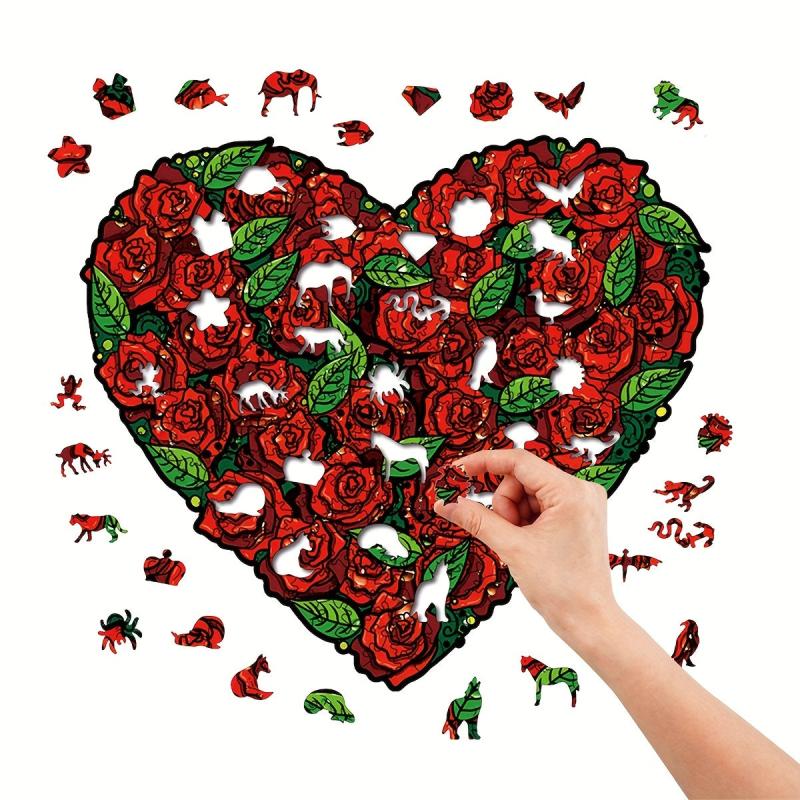 Rose Love Irregular Wood Puzzle With Wooden Box Educational Puzzle
