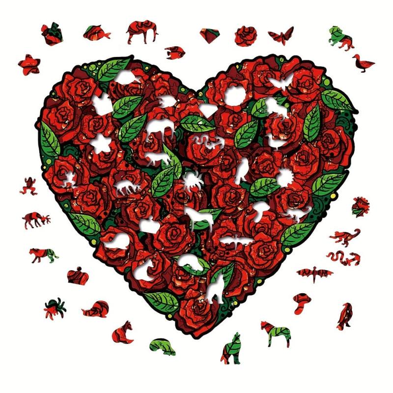 Rose Love Irregular Wood Puzzle With Wooden Box Educational Puzzle