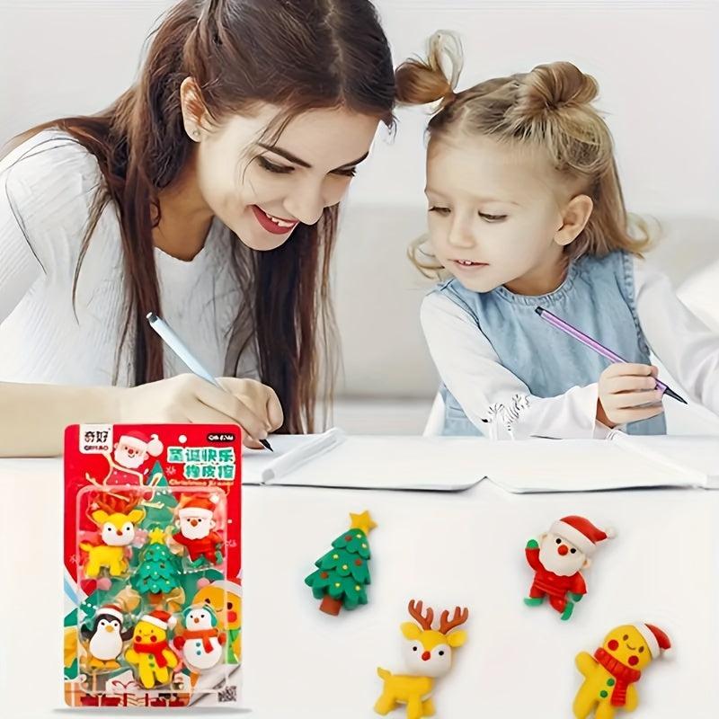 6pcs Christmas Theme Rubber Erasers Assembleable Decorations