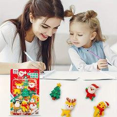 6pcs Christmas Theme Rubber Erasers Assembleable Decorations