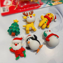 6pcs Christmas Theme Rubber Erasers Assembleable Decorations