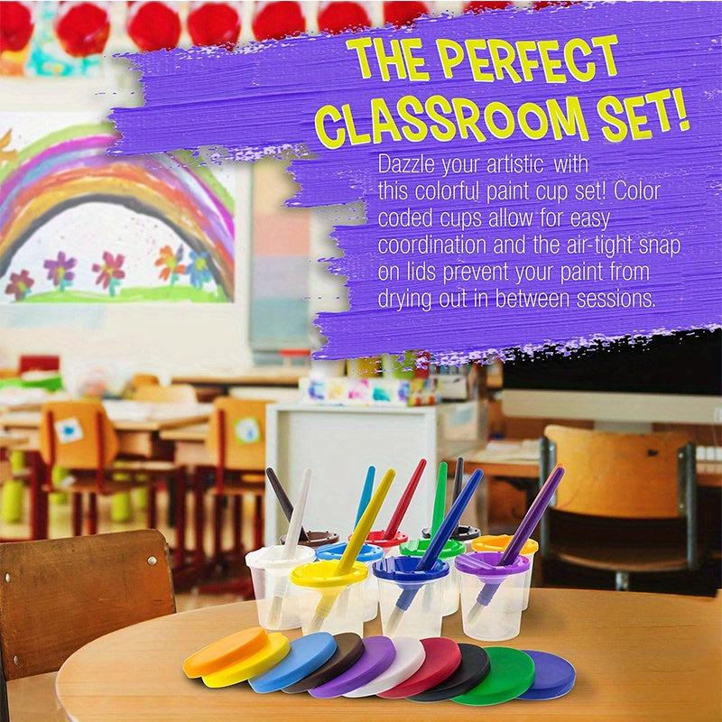 10pcs Paint Cups & Brushes Set, No Spill w/ Colored Lids & Large P