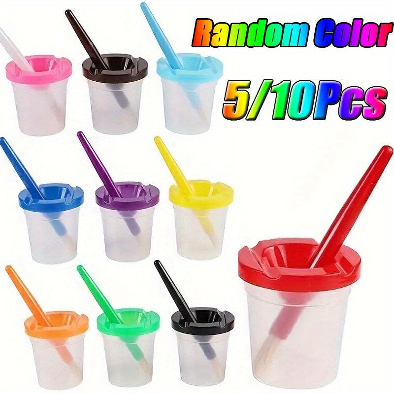10pcs Paint Cups & Brushes Set, No Spill w/ Colored Lids & Large P